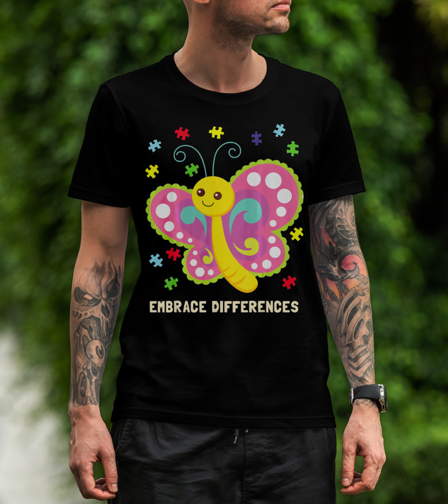 Embrace Differences Autism Awareness Boy Girl Butterfly Puzzle Pieces T-Shirt