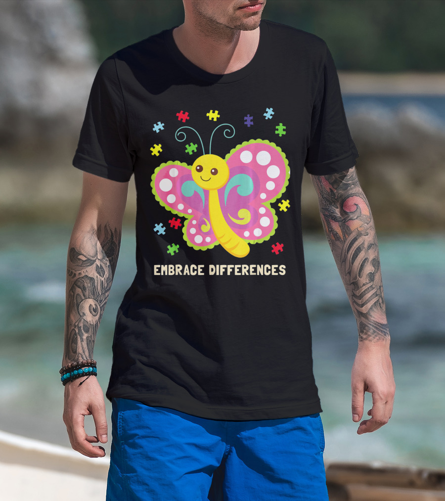 Embrace Differences Autism Awareness Boy Girl Butterfly Puzzle Pieces T-Shirt