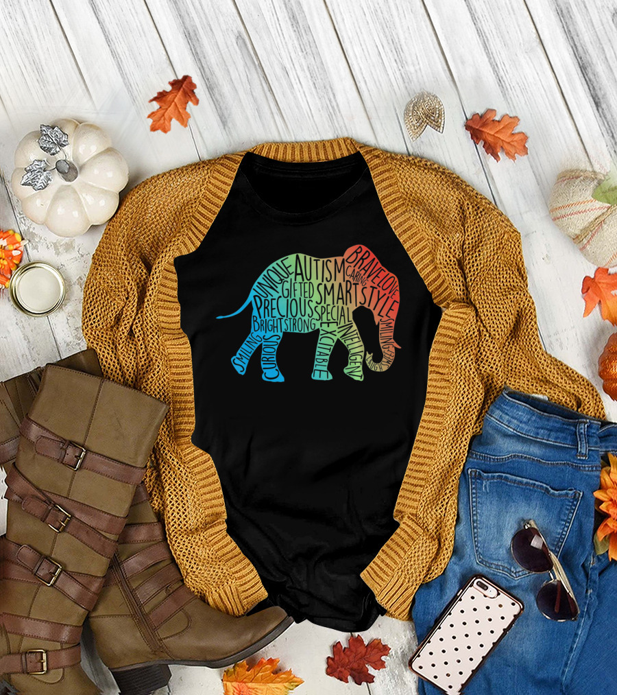 Autism Awareness Elephant Collage Brave Unique Precious Bright Smart Strong T-Shirt