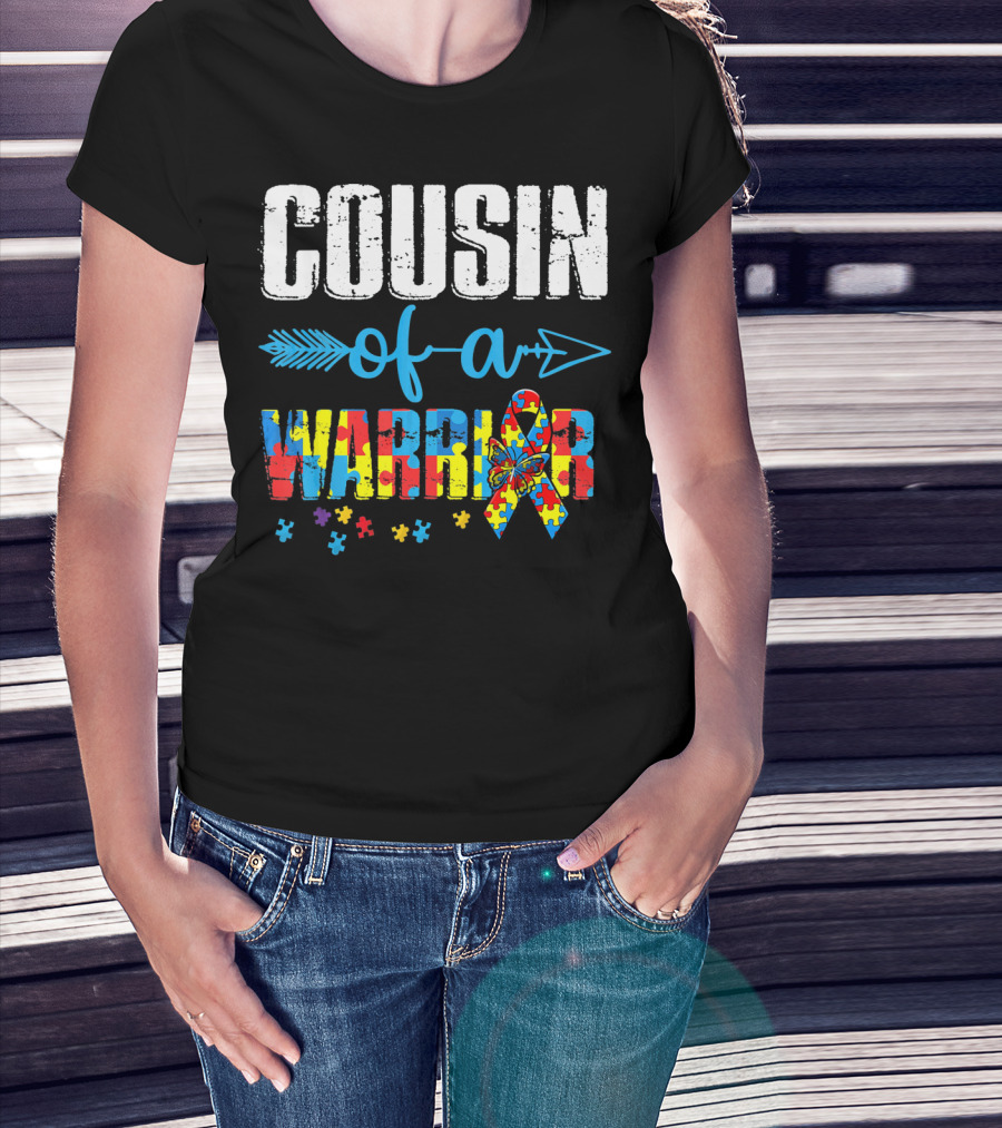Cousin Of A Warrior Autism Awareness Puzzle Ribbon Butterfly T-Shirt