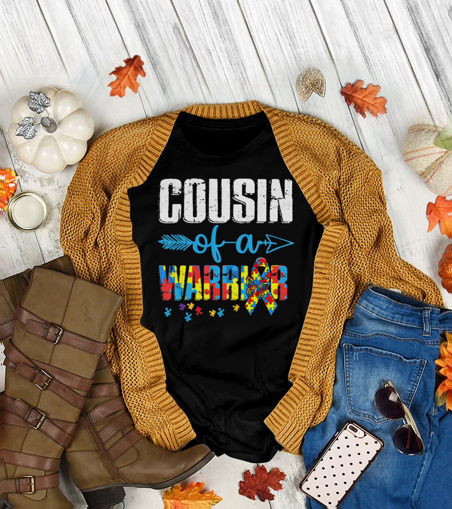 Cousin Of A Warrior Autism Awareness Puzzle Ribbon Butterfly T-Shirt