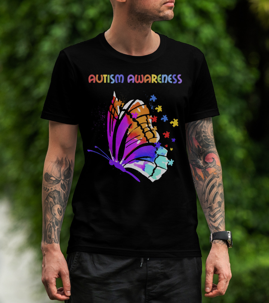 Autism Awareness Colorful Butterfly With Puzzle Pieces T-Shirt