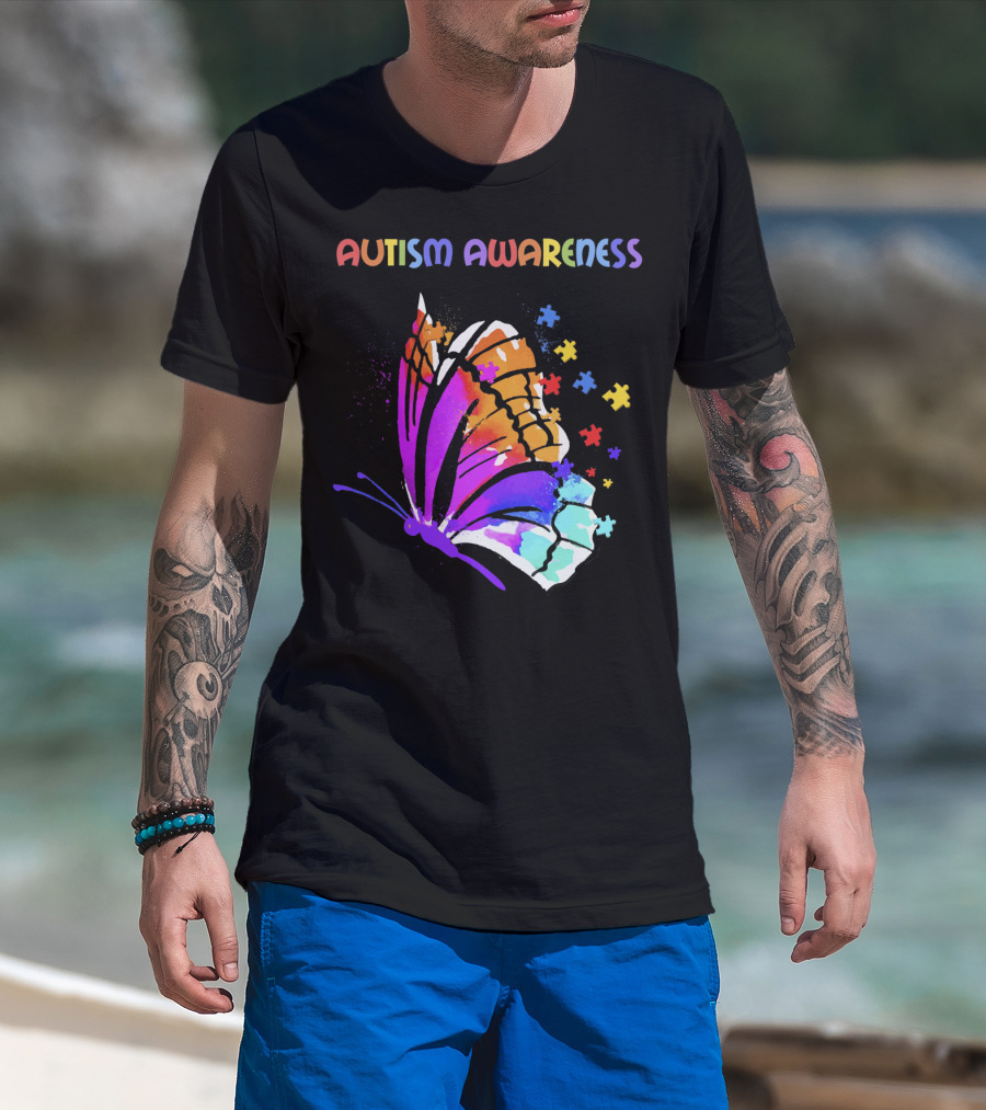 Autism Awareness Colorful Butterfly With Puzzle Pieces T-Shirt