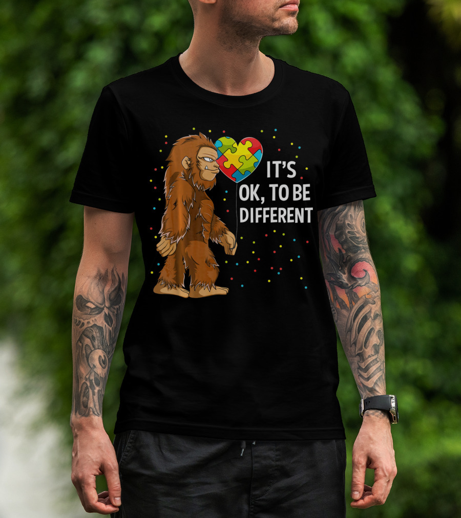 Autism Awareness Bigfoot Heart Puzzle It's OK To Be Different T-Shirt