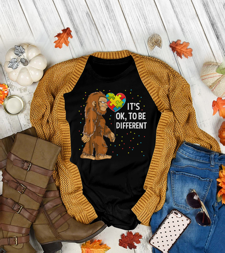 Autism Awareness Bigfoot Heart Puzzle It's OK To Be Different T-Shirt