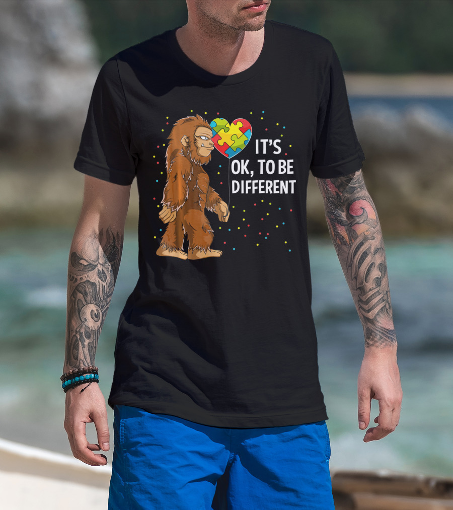 Autism Awareness Bigfoot Heart Puzzle It's OK To Be Different T-Shirt