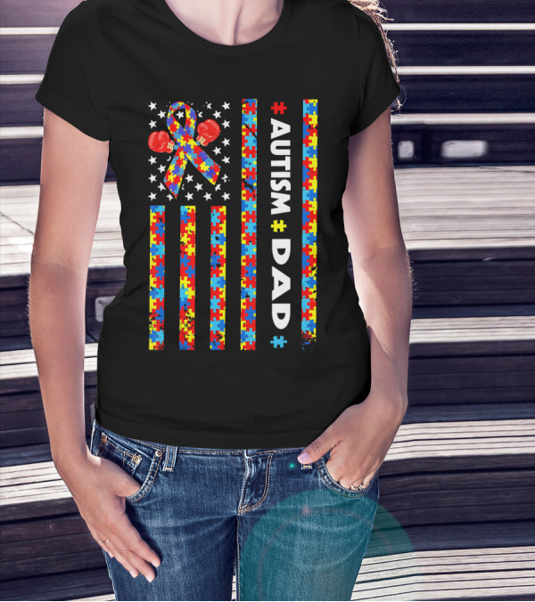 Autism Dad American Flag Puzzle Piece Ribbon Boxing Gloves Awareness T-Shirt