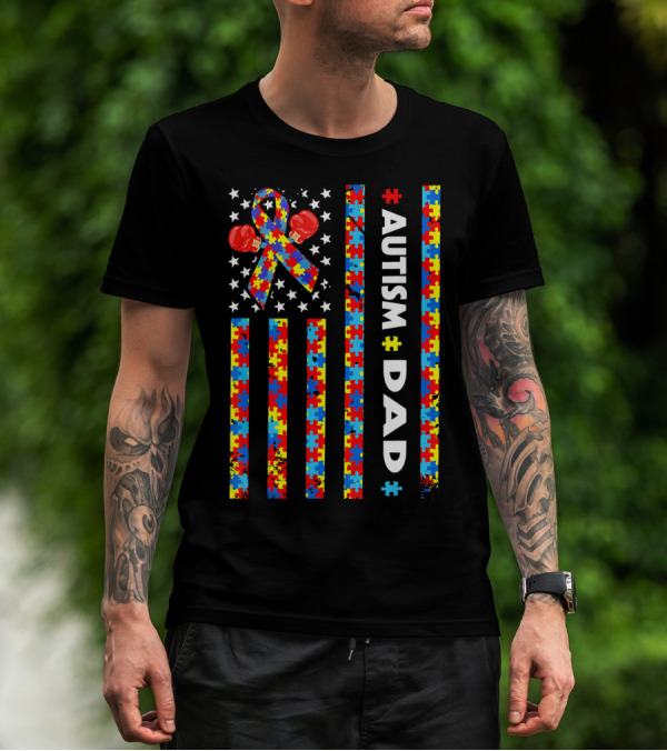 Autism Dad American Flag Puzzle Piece Ribbon Boxing Gloves Awareness T-Shirt