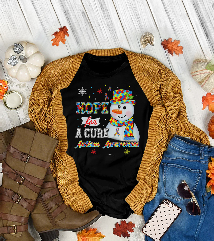 HOPE FOR A CURE Autism Awareness Snowman Puzzle T-Shirt