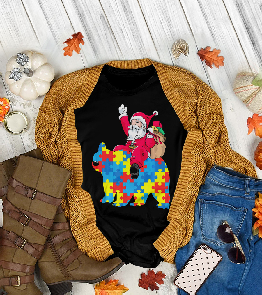 Santa Claus Riding Puzzle Piece Bear Autism Awareness T-Shirt