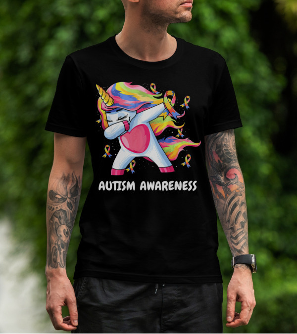 Autism Awareness Dabbing Rainbow Unicorn With Puzzle T-Shirt