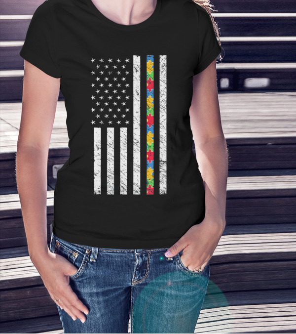 Autism Awareness American Flag Puzzle Piece T-Shirt