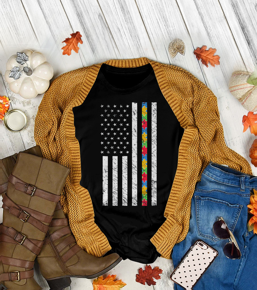 Autism Awareness American Flag Puzzle Piece T-Shirt