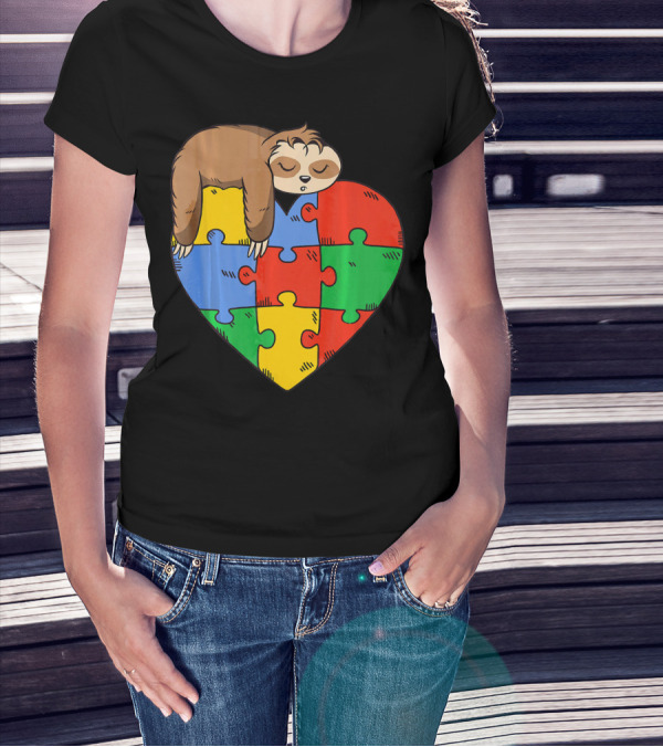 Cute Sloth Heart Puzzle Autism Parents Autistic Child T-Shirt