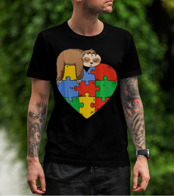 Cute Sloth Heart Puzzle Autism Parents Autistic Child T-Shirt