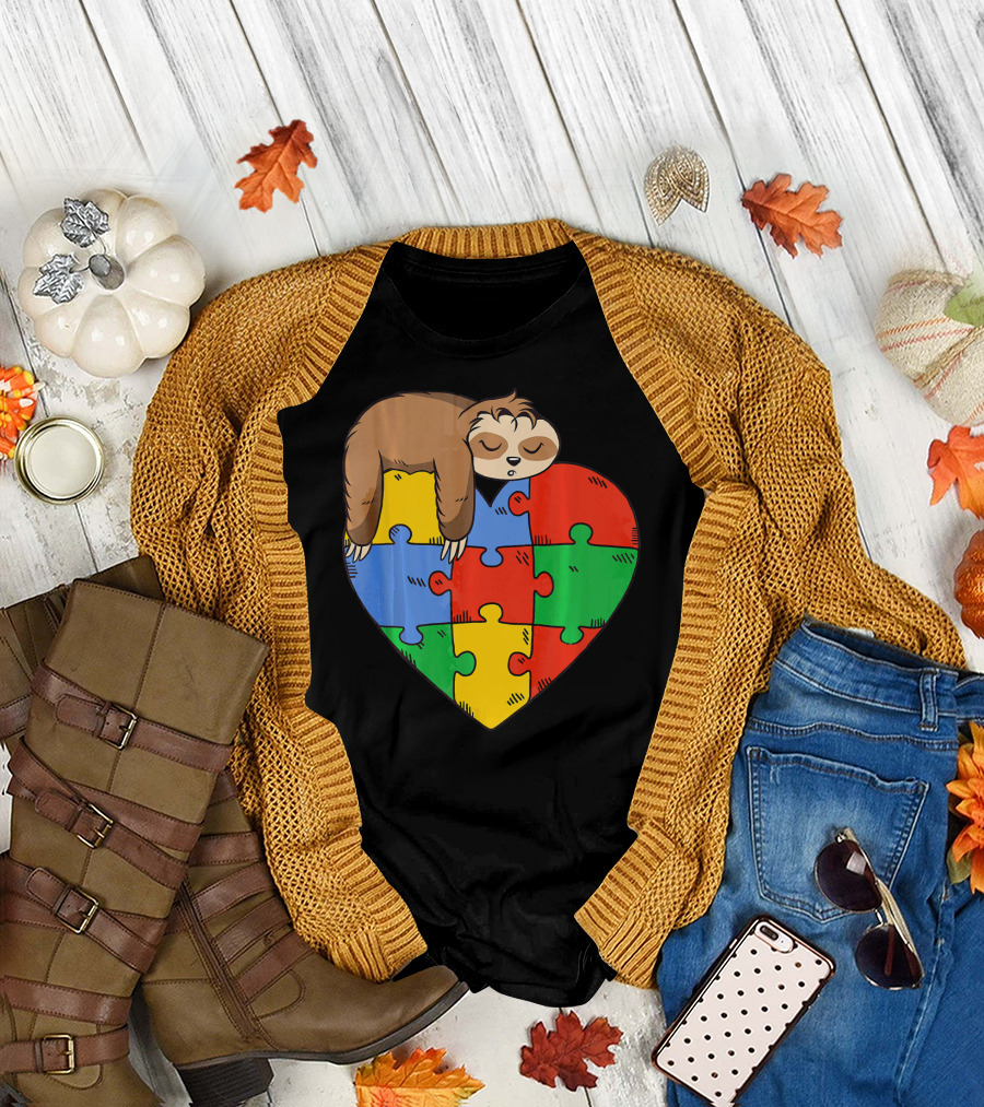 Cute Sloth Heart Puzzle Autism Parents Autistic Child T-Shirt