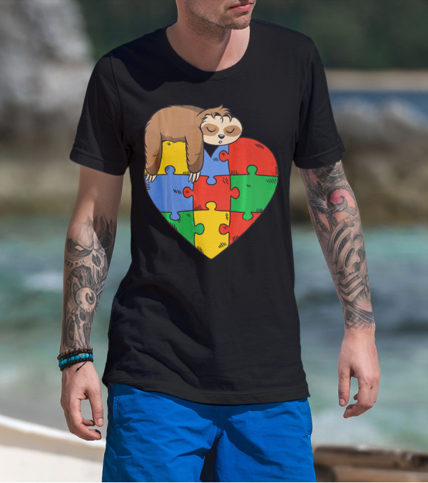 Cute Sloth Heart Puzzle Autism Parents Autistic Child T-Shirt