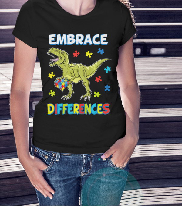 Embrace Differences Dinosaurus Trex Auti Puzzle Heart T-Shirt
