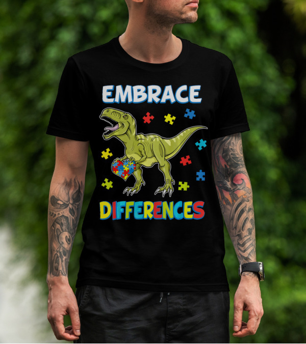Embrace Differences Dinosaurus Trex Auti Puzzle Heart T-Shirt