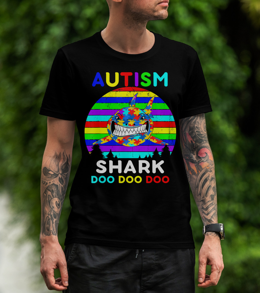 Autism Shark Doo Doo Doo Puzzle Piece Rainbow Awareness T-Shirt