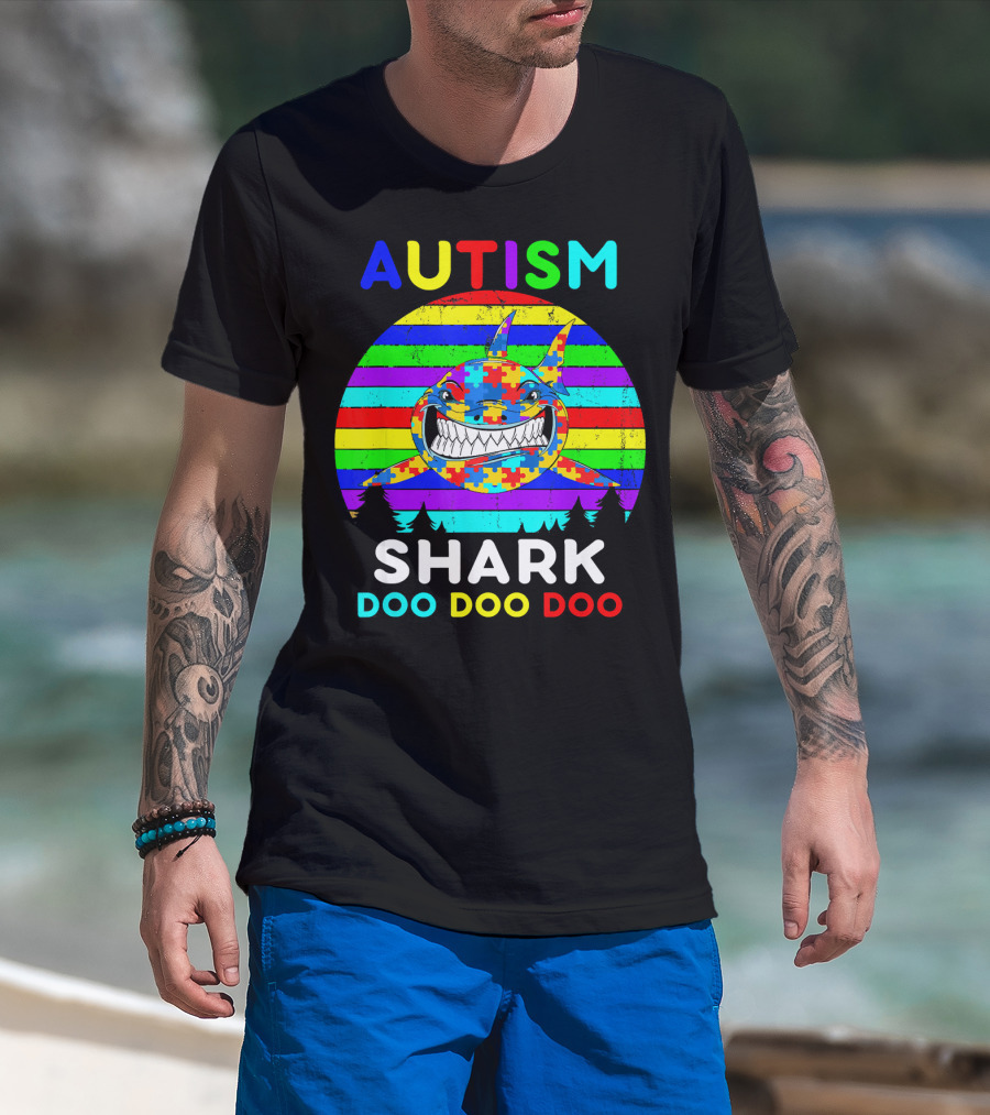Autism Shark Doo Doo Doo Puzzle Piece Rainbow Awareness T-Shirt