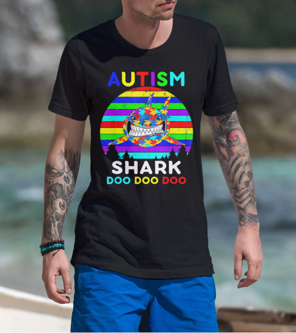 Autism Shark Doo Doo Doo Puzzle Piece Rainbow Awareness T-Shirt