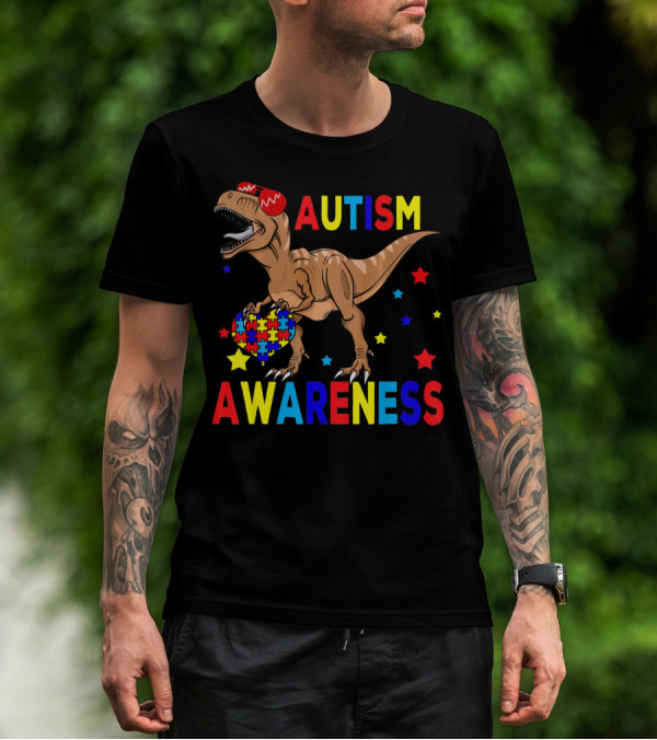 Cool Rex Dino Autism Awareness Puzzle Heart And Stars T-Shirt