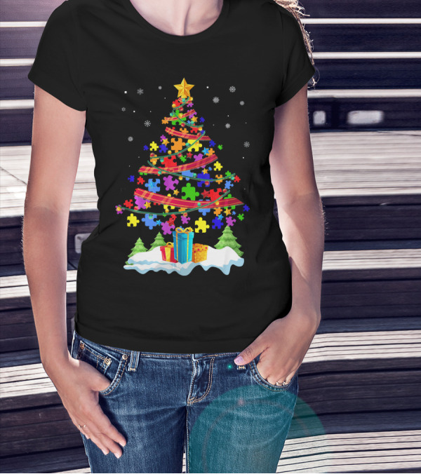 Autism Christmas Tree Puzzle Pieces And Gifts Festive T-Shirt