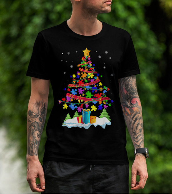 Autism Christmas Tree Puzzle Pieces And Gifts Festive T-Shirt