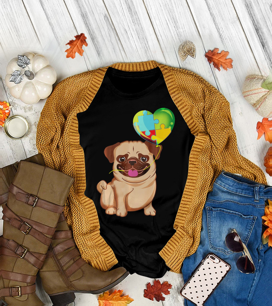 Autism Awareness Pug Puppy Heart Puzzle Balloon T-Shirt
