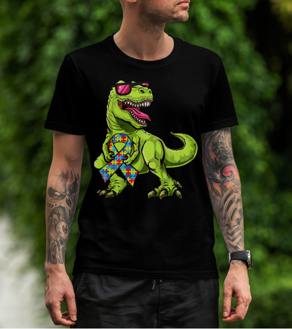 Dinosaur Rex With Autism Awareness Puzzle Ribbon And Sunglasses T-Shirt