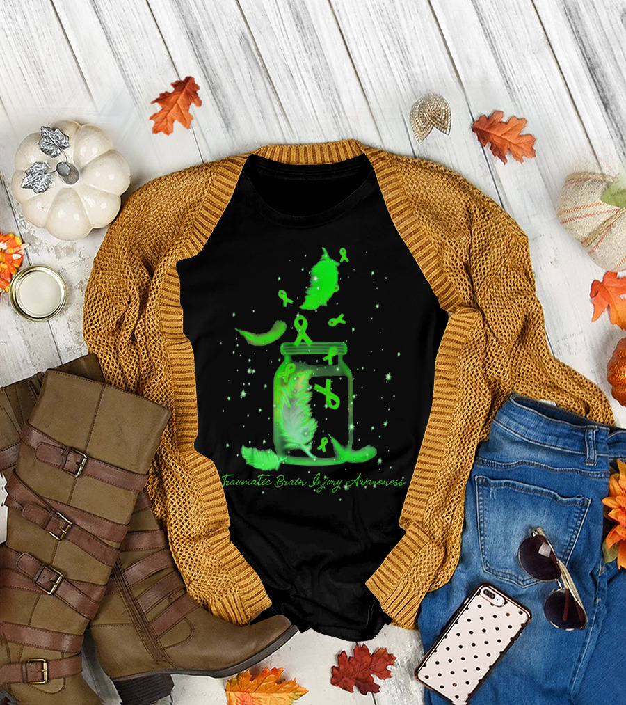 Traumatic Brain Injury Awareness Dream Jar with Green Ribbons and Feathers T-Shirt