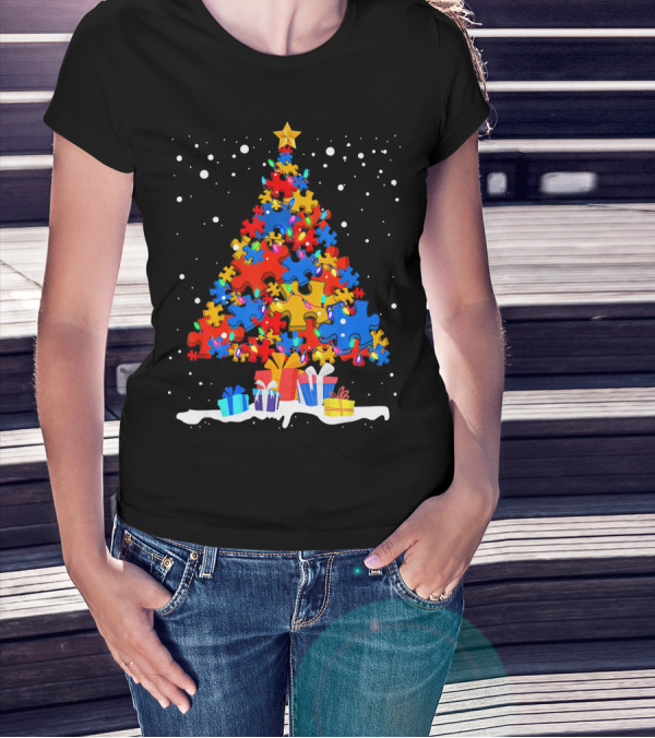 Autism Puzzle Pieces Christmas Tree With Presents Snowflakes T-Shirt