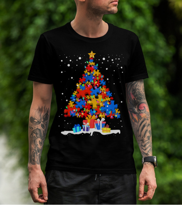 Autism Puzzle Pieces Christmas Tree With Presents Snowflakes T-Shirt