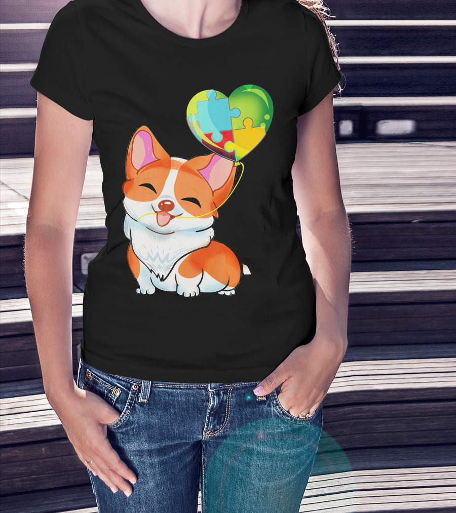 Autism Awareness Corgi Puppy With Heart Balloon Puzzle T-Shirt
