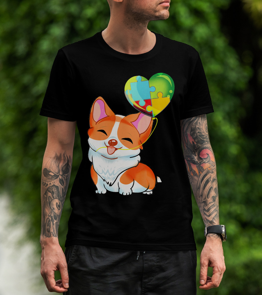 Autism Awareness Corgi Puppy With Heart Balloon Puzzle T-Shirt