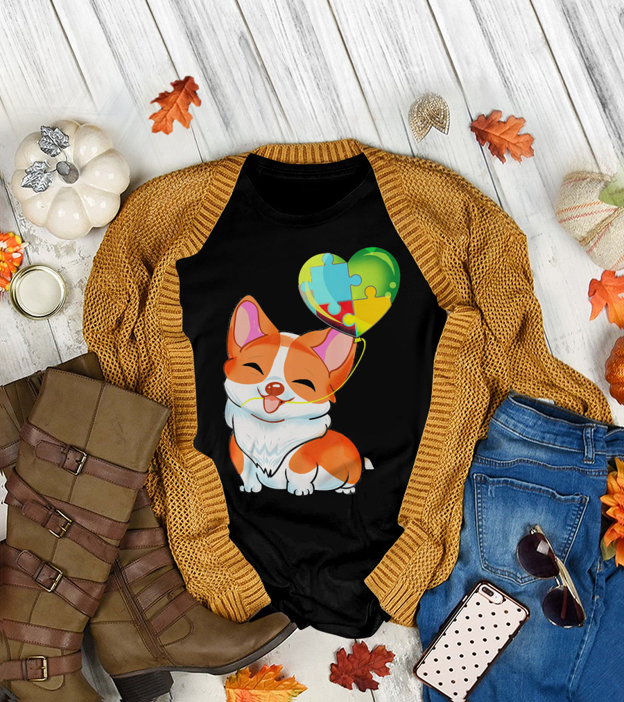 Autism Awareness Corgi Puppy with Heart Balloon Puzzle T-Shirt