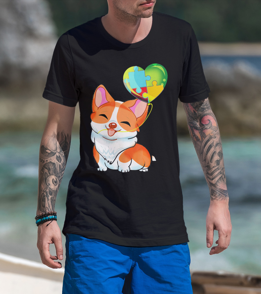 Autism Awareness Corgi Puppy With Heart Balloon Puzzle T-Shirt