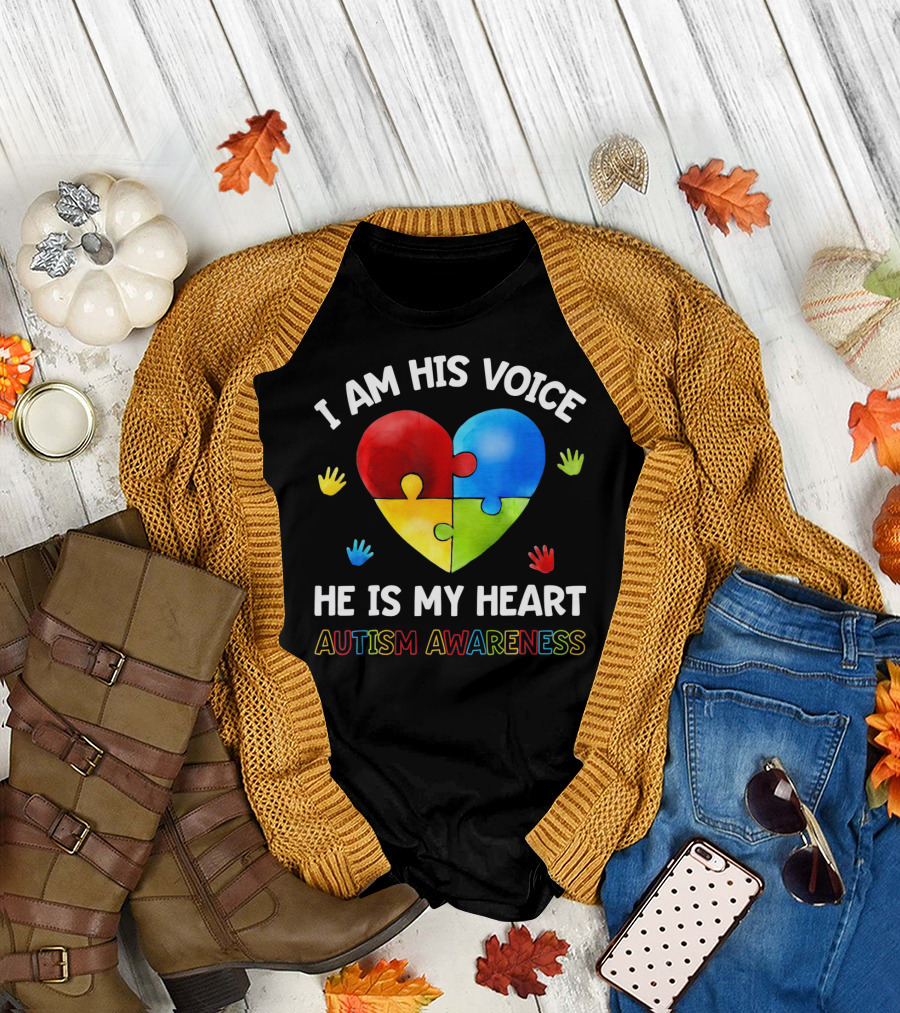 I Am His Voice He Is My Heart Autism Awareness Puzzle Heart and Colorful Handprints T-Shirt