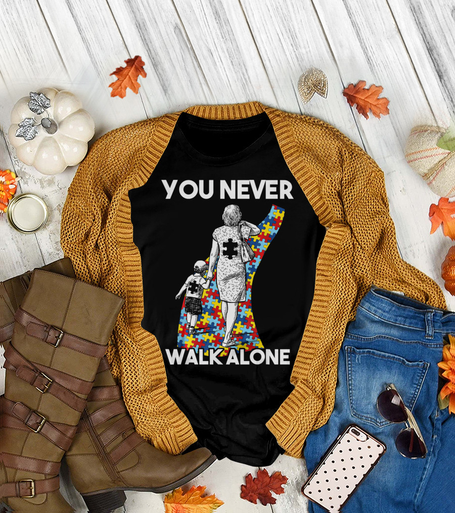 You Never Walk Alone Autism Puzzle Piece Path With Child and Parent T-Shirt