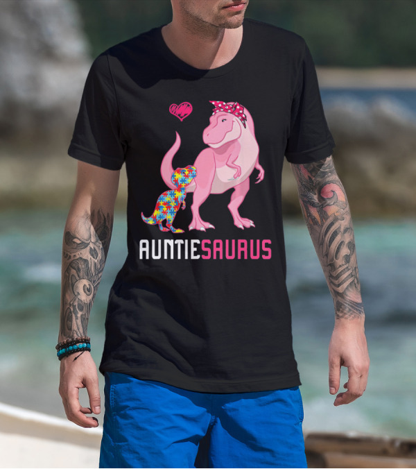 Auntiesaurus Dinosaur Puzzle Piece Heart Autism Awareness T-Shirt