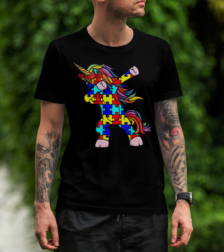 Autism Awareness Unicorn Dabbing Puzzle Pattern Rainbow Mane T-Shirt