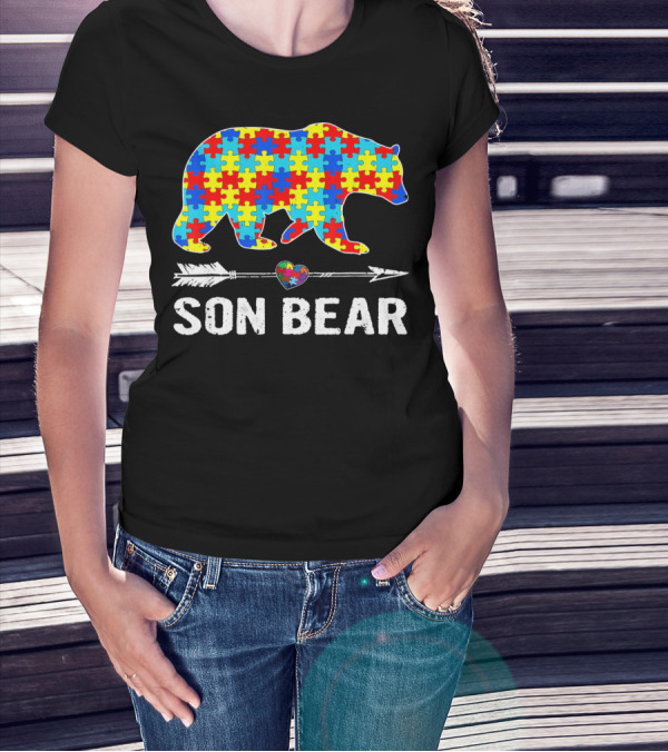 Son Bear Autism Awareness Puzzle Heart Arrow T-Shirt