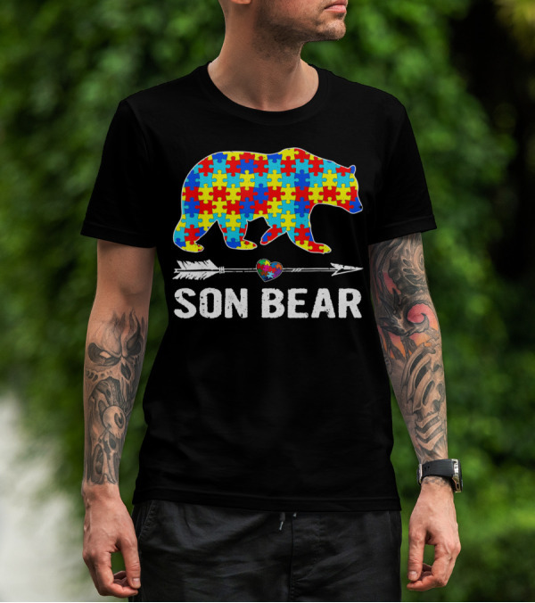 Son Bear Autism Awareness Puzzle Heart Arrow T-Shirt