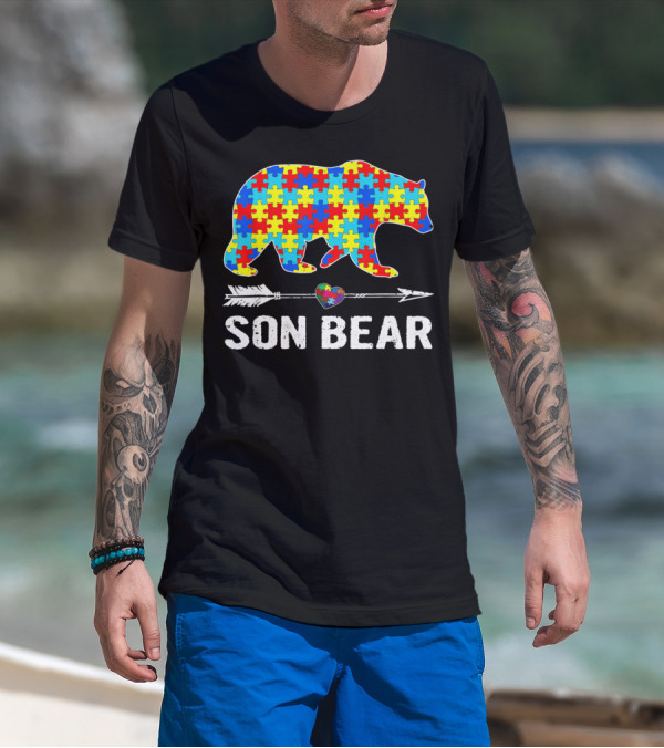 Son Bear Autism Awareness Puzzle Heart Arrow T-Shirt