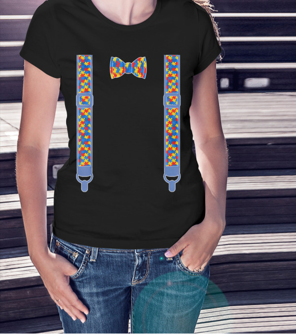 Autism Awareness Puzzle Pattern Bow Tie And Suspenders T-Shirt