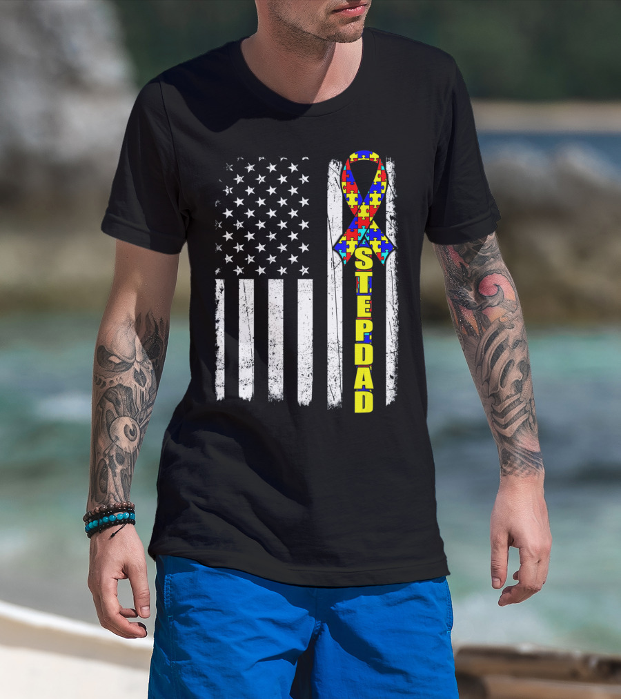 Stepdad Autism Awareness Puzzle Ribbon American Flag T-Shirt