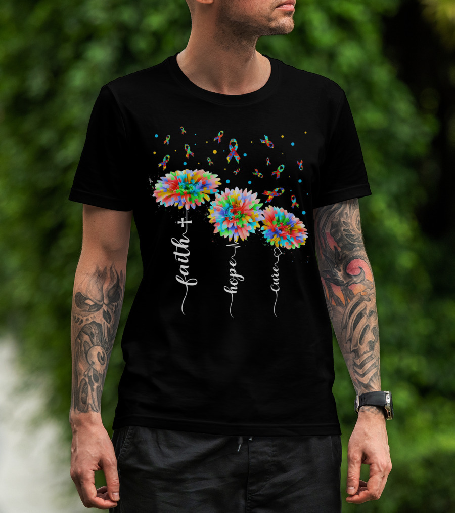 Faith Hope Cure Colorful Sunflowers Autism Awareness Puzzle Pieces T-Shirt