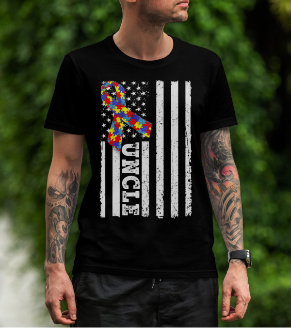 UNCLE Puzzle Ribbon American Flag Autism Awareness T-Shirt