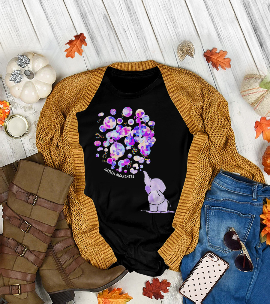 Elephant Blowing Puzzle Pieces Balloons Autism Awareness T-Shirt